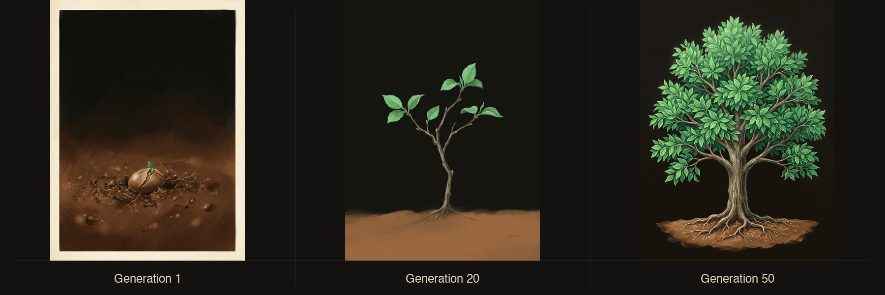 A seed becomes a sprout becomes a tree — Generation 1, Generation 20, Generation 50